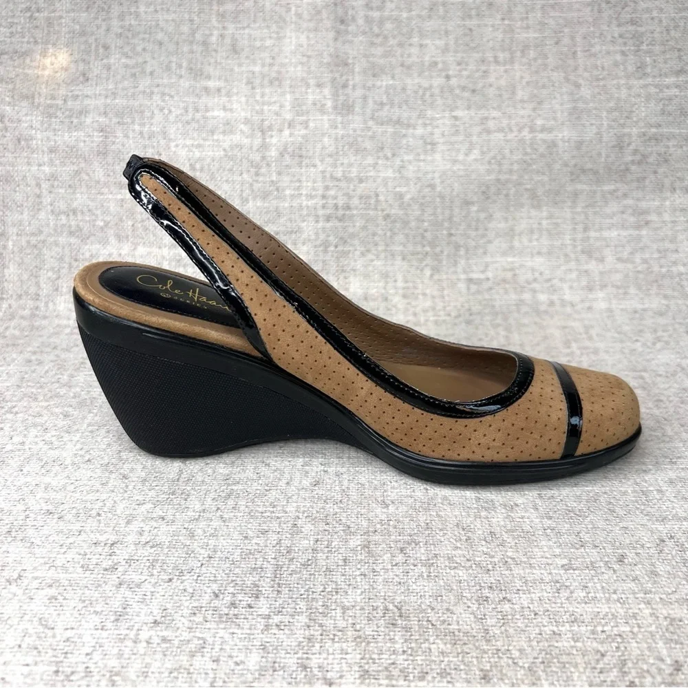 Cole Haan tan perforated suede & black patent‎ wedges heels size 6.5B slingback